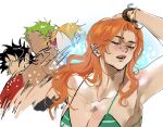  1girl 3boys bikini bikini_top_only blonde_hair blush bracelet closed_eyes commentary green_hair heart hellaswag12345 highres jewelry jujutsu_kaisen log_pose long_hair meme monkey_d._luffy multiple_boys nami_(one_piece) naoya_hitting_choso_without_looking_(meme) one_piece orange_hair punching roronoa_zoro sanji_(one_piece) scar scar_on_face short_hair swimsuit 