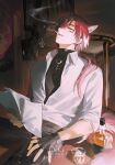  1boy alcohol animal_ears arknights bellone_(arknights) belt black_belt black_jacket black_shirt chair cigarette closed_eyes clothes_on_chair collared_shirt commentary commentary_typo diamond_(shape) diamond_facial_mark earrings english_commentary facial_mark gang_g glass head_rest highres holding holding_paper ice infection_monitor_(arknights) jacket jewelry leaning_back long_hair male_focus multicolored_hair necklace open_clothes open_shirt paper ponytail red_hair shirt smoking solo streaked_hair tail undershirt unworn_jacket watermark whiskey white_hair white_shirt wolf_boy wolf_ears wolf_tail 