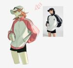  1girl alternate_costume baseball_cap black_shorts brown_eyes brown_hair can chamsichi commentary_request cropped_legs eyewear_on_headwear flipped_hair hat highres holding holding_can jacket korean_commentary long_sleeves looking_to_the_side medium_hair multicolored_jacket parted_lips persona persona_3 photo_inset pink_jacket reference_inset shorts simple_background solo takeba_yukari thighs track_jacket two-tone_jacket white_hat white_jacket 