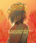  1other absurdres brown_hair deltarune english_text evening flower flower_wreath hair_between_eyes hair_over_one_eye head_wreath highres kris_(deltarune) long_sleeves looking_at_another ocota-cota_(cota) orange_sky other_focus red_eyes short_hair simple_background sky smile striped_clothes striped_sweater sunset sweater sweater_vest utdr_(toby_fox) yellow_flower 