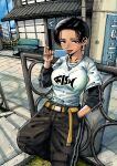  1girl belt black_hair black_pants commentary_request cowboy_shot food fukahire_engine hand_in_pocket heart heart_necklace highres holding holding_food holding_popsicle jewelry layered_sleeves licking_food long_sleeves looking_at_viewer necklace original outdoors pants popsicle shirt short_hair short_over_long_sleeves short_sleeves solo tongue tongue_out white_shirt yellow_belt 