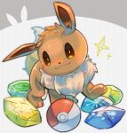  73sitimi absurdres brown_eyes brown_fur commentary_request eevee evolution_stone fire_stone highres ice_stone leaf_stone neck_fur no_humans poke_ball poke_ball_(basic) pokemon pokemon_(creature) pokemon_focus thunder_stone water_stone 