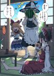  4girls apron ascot back_bow barefoot black_hat black_skirt black_vest blonde_hair blue_sky bow bowtie braid brown_hair brown_horns chabudai chain cloud commentary_request cup curly_hair day detached_sleeves food frilled_bow frilled_hair_tubes frilled_skirt frills fruit furin_(bell) green_hair hair_bow hair_tubes hakurei_reimu hand_fan hand_fan_writing hat hat_bow highres holding holding_fan holding_food holding_fruit horn_ornament horn_ribbon horns ibuki_suika indoors inuno_rakugaki kirisame_marisa komainu_girl komano_aunn long_hair multiple_girls oni paper_fan pointing pointing_at_self purple_skirt red_bow red_bowtie red_skirt ribbon ribbon-trimmed_skirt ribbon-trimmed_sleeves ribbon_trim shirt short_hair shouji side_braid single_braid single_horn sitting skirt skirt_set sky sliding_doors socks table tatami toes touhou translation_request uchiwa vest waist_apron watermelon white_apron white_bow white_shirt white_socks wind_chime witch_hat yellow_ascot yunomi 