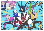  5girls 6+boys :d ahoge arm_up arms_up azbar_(dragon_quest) belt beltro_(dq10) black_horns black_sclera blue_eyes blue_helmet blue_jacket border colored_sclera colored_skin commentary_request covered_pectorals dark-skinned_male dark_skin demon_boy demon_girl dragon_quest dragon_quest_x earrings eighth_note emphasis_lines eyepatch faceless faceless_female fake_horns fangs fingerless_gloves fingernails fins flat_color gloves glowstick gold_earrings gradient_horns green_jacket grey_gloves hair_ornament hair_slicked_back hairclip head_fins heart helmet hero_(dq10) high_ponytail highres holding holding_glowstick holding_sign hoop_earrings horned_helmet horns illusia_(dq10) jacket jewelry long_fingernails multicolored_horns multiple_boys multiple_girls musical_note najinn_(dragon_quest) official_alternate_costume on_one_knee pectorals pink_hair pink_jacket pointy_ears ponytail princehiiro purple_hair purple_skin red_eyes red_hair red_horns red_jacket rinverry risoru_(dq10) sharp_fingernails short_hair side_ponytail sign smile speech_bubble spoken_heart spoken_musical_note spoken_squiggle squiggle transformation translation_request valeria_(dragon_quest) white_border white_hair yellow_eyes yellow_jacket yushuka_(dragon_quest) 
