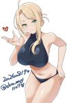  1girl aqua_eyes asymmetrical_hair bikini black_bikini blonde_hair blowing_kiss blue_eyes blush breasts commentary_request cowboy_shot dated hair_bun highres kantai_collection large_breasts long_hair looking_at_viewer one-hour_drawing_challenge shiomugi_(shio_mugi1107) smile solo swimsuit twitter_username wasp_(kancolle) white_background 