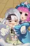  2girls aged_down black_bow black_bowtie black_hairband black_ribbon blue_eyes blue_hat blue_kimono blush bottomless bow bowtie child chinese_commentary collared_shirt commentary_request green_skirt green_vest grey_hair hairband hat highres hitodama hug japanese_clothes kimono konpaku_youmu konpaku_youmu_(ghost) long_sleeves looking_at_viewer mob_cap multiple_girls neck_ribbon open_mouth oversized_clothes pink_eyes pink_hair ribbon saigyouji_yuyuko shirt skirt skirt_set sleeves_past_fingers sleeves_past_wrists sweatdrop touhou triangular_headpiece unworn_skirt user_ynsy3544 vest white_shirt wide_sleeves 