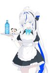  1girl absurdres ahoge aokumo_rin apron aqua_bow aqua_bowtie arm_at_side b4aaam black_dress blue_eyes blue_streaks blush bow bowtie cleavage_cutout closed_mouth clothing_cutout cloud_hair_ornament collared_dress colored_eyelashes commentary_request cowboy_shot creature dress glass_bottle hair_intakes hair_ornament hair_rings hand_up highres holding holding_tray korean_commentary long_hair looking_at_viewer maid maid_apron maid_headdress multicolored_hair petticoat short_dress short_sleeves side_ponytail simple_background single_hair_ring smile solo standing stellive straight-on streaked_hair tray very_long_hair virtual_youtuber white_apron white_background white_eyelashes white_hair white_wrist_cuffs wrist_cuffs 