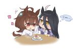  2girls agnes_tachyon_(umamusume) ahoge animal_ears black_hair blush bow bowtie brown_hair chemical_structure chibi closed_mouth commentary ear_tag earrings eating english_commentary hair_between_eyes highres holding_napkin horse_ears horse_girl horse_tail jewelry lab_coat long_bangs long_hair long_hair_between_eyes long_sleeves manhattan_cafe_(umamusume) medium_hair multicolored_hair multiple_girls purple_sailor_collar purple_shirt red_eyes rizumah sailor_collar sailor_shirt school_uniform shirt single_earring sleeves_past_fingers sleeves_past_wrists speech_bubble tail thought_bubble tracen_school_uniform umamusume white_bow white_bowtie white_hair wiping_another's_mouth yellow_eyes 
