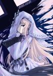  1girl absurdres artist_name blonde_hair commentary_request cross cross_earrings cross_ornament dated dress earrings extra_eyes frilled_dress frilled_sleeves frills gloves highres hikami_meruru jewelry long_hair long_sleeves mahou_shoujo_no_majo_saiban nutsumi47 priestess purple_eyes signature smile solo spoilers third_eye triclops veil white_dress white_gloves white_veil wide_sleeves 