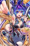  1girl absurdres armpits bare_hips black_dress blue_eyes blue_hair blue_nails blue_streaks breasts chopsticks cleavage dress exodamartworks food hair_ornament highres indie_virtual_youtuber knife large_breasts looking_at_viewer melody_(projektmelody) multicolored_hair noodles open_mouth pelvic_curtain pink_streaks ponytail purple_hair ramen solo standing streaked_hair thighs triangle_hair_ornament twintails virtual_youtuber 