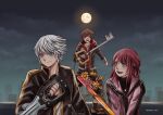  1girl 2boys aqua_eyes black_boots black_gloves black_jacket black_pants black_shirt blue_eyes boots brown_hair closed_mouth cloud cloudy_sky crown_necklace fingerless_gloves full_moon gloves grey_hair hair_between_eyes half_updo hallsth-eien highres holding holding_weapon hood hood_down hoodie jacket jacket_over_hoodie kairi_(kingdom_hearts) keyblade kingdom_hearts kingdom_hearts_iv long_hair looking_at_another moon multiple_boys night on_rooftop open_mouth pants pink_jacket red_hair red_hoodie riku_(kingdom_hearts) shirt short_hair sky smile sora_(kingdom_hearts) twitter_username weapon 