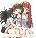  2girls bag black_collar blue_shirt blush breasts brown_dress brown_hair character_name closed_mouth collar collarbone commentary_request dress earrings eyewear_on_head glasses hairband handbag hano9789 heart highres idolmaster idolmaster_million_live! jewelry kitazawa_shiho korean_commentary looking_at_viewer multiple_girls navel polka_dot polka_dot_dress red_eyes red_hair shirt side-by-side simple_background sitting skirt smile tanaka_kotoha white_background white_hairband white_skirt yellow_eyes yuri 