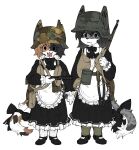  2girls ammunition_pouch animal_ear_headwear animal_ears animal_nose apron black_bow black_bowtie black_eyes black_nose bolt_action bow bowtie cat_ears cat_girl cat_tail combat_helmet commentary english_commentary furry furry_female gas_mask_canister germany gun helmet highres load-bearing_equipment maid maid_apron mauser_98 medium_hair mp18 multiple_girls open_mouth original pouch puttees rifle snow_leopard_ears snow_leopard_girl snow_leopard_tail socks srmk0 stahlhelm submachine_gun tail tail_bow tail_ornament three-toned_fur weapon white_background white_socks wire_cutters world_war_i 