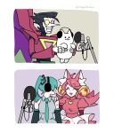  1boy 2girls ahoge animal annoying_dog aqua_hair aqua_necktie bell black_hair commentary cutie_mew_mew_magic_(deltarune) deltarune dog gorira_(2525gorillachan) hair_bell hair_ornament hand_on_another's_shoulder hatsune_miku headphones highres holding holding_animal holding_dog mad_mew_mew microphone multiple_girls necktie pink_hair pointy_nose shirt sleeveless sleeveless_shirt spamton_g._spamton spamton_neo twintails twitter_username utdr_(toby_fox) vocaloid 