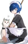  1boy animal apron black_dress black_shoes blue_eyes blue_hair bow closed_mouth commentary_request crossdressing crossdressing_(mtf) dog dress from_side full_body hair_bow hair_over_one_eye heart highres holding holding_mop konchi_(63438789) koromaru_(persona) looking_at_viewer low_twintails maid maid_apron maid_headdress male_focus mop official_alternate_costume official_alternate_hairstyle one_eye_covered persona persona_3 persona_3:_dancing_moon_night persona_dancing red_bow red_eyes shoes short_hair short_sleeves simple_background spoken_heart squatting twintails waist_apron white_apron white_background yuuki_makoto_(persona_3) 