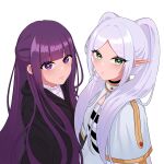  2girls absurdres black_coat blunt_bangs bright_pupils capelet coat commentary_request elf fern_(sousou_no_frieren) frieren from_side green_eyes grey_hair hair_over_shoulder highres long_hair looking_at_viewer looking_to_the_side multiple_girls parted_lips pink_pupils pointy_ears purple_eyes purple_hair seonah_art shirt simple_background smile sousou_no_frieren straight_hair striped_clothes striped_shirt turning_head twintails white_background white_capelet 