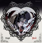  1boy alien_stage apple black_veil bug cactusute centipede commentary demon_boy demon_horns demon_wings english_commentary english_text finger_cots food fruit green_eyes grey_hair grey_horns heart-shaped_gem highres holding holding_food holding_fruit horns male_focus official_alternate_costume parted_lips red_pupils red_wings solo till_(alien_stage) veil white_apple wings 