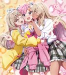  3girls absurdres amaori_renako ashigaya_high_school_uniform breast_press breasts brown_eyes brown_hair cleavage commentary_request dual_persona flower girl_sandwich gyaru hair_flower hair_ornament hairclip hand_on_another's_chin heart heart_hair_ornament highres hug hug_from_side licking_lips long_hair long_sleeves medium_hair mito_youki multiple_girls one_eye_closed open_mouth pink_eyes pink_hair sandwiched school_uniform sena_ajisai smile tan tongue tongue_out watashi_ga_koibito_ni_nareru_wake_naijan_murimuri! x_hair_ornament yuri 
