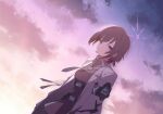  1girl absurdres arius_branch_school_logo armband backlighting black_armband black_hair blue_archive breasts chest_harness closed_mouth cloud dutch_angle emblem from_side game_asset gradient_sky grey_shirt halo harness highres jacket large_breasts long_sleeves looking_at_viewer necktie non-web_source official_art open_clothes open_jacket outdoors purple_eyes purple_halo purple_necktie ring_of_light_(blue_archive) school_emblem self-datamine shirt short_hair skull_print sky smile solo spoilers subaru_(blue_archive) sunset upper_body white_jacket 
