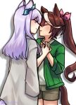  absurdres animal_ears aqua_bow blush bow brown_shorts ear_bow ear_ribbon green_jacket high_ponytail highres holding_hands horse_ears horse_girl horse_tail imminent_kiss jacket jacket_on_shoulders maybe_vallery mejiro_mcqueen_(umamusume) multicolored_hair ponytail purple_eyes shirt shorts streaked_hair tail tokai_teio_(umamusume) umamusume white_shirt white_streaks yuri 