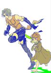  1boy 1girl armor bare_shoulders barefoot black_pants boots brown_dress brown_eyes brown_hair cahara_(fear_&amp;_hunger) child commentary doll dress elbow_gloves fear_&amp;_hunger_(series) fear_&amp;_hunger_1 fold-over_boots fold-over_gloves gloves grey_hair highres holding holding_doll leather_armor nul pants running simple_background sleeveless the_girl_(fear_&amp;_hunger) thigh_boots white_background 