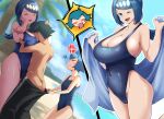  1boy 2girls :t age_difference anger_vein ash_ketchum ass black_pants blue_hair blurry blush_stickers breasts cleavage closed_eyes closed_mouth clothes_pull cloud commentary_request covered_navel day hair_ornament hand_on_another's_head hetero highres holding holding_towel lana's_mother_(pokemon) lana_(pokemon) large_breasts long_hair mature_female multiple_girls one-piece_swimsuit open_mouth outdoors pants pants_pull pokemon pokemon_(anime) pokemon_the_series:_sun_&amp;_moon pout pulling_another's_clothes sky smile squiggle swimsuit textless_version toiro_gawon towel 
