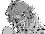  1boy 1girl absurdres blush breasts commission completely_nude cum cum_in_mouth cum_overflow dokibird erection fellatio grabbing_another's_penis greyscale hair_ornament hairclip hetero highres indie_virtual_youtuber looking_at_viewer medium_breasts memohdraws monochrome nipples nude oral penis pov simple_background solo_focus star_(symbol) star_hair_ornament testicles uncensored white_background 