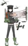  aircraft airplane akitsu_maru_(kantai_collection) autogyro backpack bag black_eyes black_hair black_legwear black_skirt daihatsu_(landing_craft) full_body gloves hat kantai_collection kayaba_ka-1 kokusai_ki-76 kuuro_kuro lantern long_sleeves military military_uniform miniskirt official_art pale_skin peaked_cap pleated_skirt randoseru remodel_(kantai_collection) scroll short_hair skirt solo standing thighhighs transparent_background uniform white_gloves white_skin zettai_ryouiki 