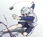 1boy black_shorts blue_eyes blue_shirt commentary_request fingernails full_body gong_0777 grey_hair highres hunter_x_hunter killua_zoldyck korean_commentary layered_sleeves long_sleeves male_focus shirt shoes short_hair short_over_long_sleeves short_sleeves shorts simple_background solo throwing_yo-yo white_background white_shirt yo-yo 