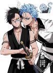  2boys aqua_eyeliner black_hair black_hakama bleach bleach:_can't_fear_your_own_world blue_eyes blue_hair commentary_request eyeliner facial_tattoo grimmjow_jaegerjaquez hakama height_difference highres hisagi_shuuhei jacket japanese_clothes leaning_forward leopard makeup male_focus multiple_boys number_tattoo scar scar_on_chest sheath sheathed shihakusho sweatdrop sword take_(take54975734) tattoo watermark weapon white_jacket 