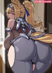  1girl absurdres animal_ears ass backboob blonde_hair blue_eyes blue_ribbon blurry blurry_background blush bodysuit bread-n-butter breasts chromatic_aberration clothing_cutout english_commentary grey_pants hairband highres hip_vent horse_ears horse_girl horse_tail huge_breasts long_hair looking_at_viewer looking_back mole mole_on_breast mole_under_eye nipples pants patreon_logo ponytail ribbon sigrid_de_l'azur solo sweat tail zenless_zone_zero 