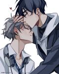  2boys absurdres alien_stage artist_name black_hair black_jacket black_shirt cactusute closed_eyes collared_shirt diagonal-striped_clothes diagonal-striped_necktie earrings grey_hair hand_on_another's_head headphones headphones_around_neck heart highres hood hoodie instagram_logo ivan_(alien_stage) jacket jacket_over_hoodie jewelry kiss kissing_forehead male_focus multiple_boys necktie shirt short_hair striped_clothes striped_necktie thick_eyebrows till_(alien_stage) tumblr_logo turtleneck turtleneck_shirt twitter_logo very_short_hair white_hoodie white_shirt yaoi 