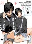  1boy bbeiiii_04 black_hair bleeding blood blue_shorts blue_skirt can chinese_commentary chinese_text combat_knife commentary_request cuts emo_fashion full_body heart highres holding holding_can holding_knife imminent_suicide injury jacket knife leon_s._kennedy male_focus midriff multiple_views noose resident_evil resident_evil:_vendetta seiza self-harm short_hair shorts sitting skirt solo speech_bubble striped_clothes striped_jacket thigh_cutting thought_bubble translation_request weapon 