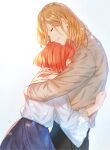  1boy 1girl bell_sleeves black_pants blonde_hair blue_skirt bob_cut camus_(uta_no_prince-sama) closed_eyes collared_shirt commentary_request covered_face cowboy_shot floral_print floral_print_shirt from_side grey_shirt hair_behind_ear hug long_sleeves medium_hair mutual_hug nanami_haruka orange_hair pants parted_lips print_shirt profile refraction rose_print shirt shirt_tucked_in short_hair simple_background skirt smile standing swept_bangs tubame-hien uta_no_prince-sama white_background white_shirt 