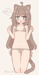  1girl @_@ ahoge animal_ear_fluff animal_ears biachan_(colon_br) bikini black_bikini blue_eyes blush_stickers brown_hair cat_ears cat_girl cat_tail collarbone colon_br commentary_request cropped_legs flat_chest hands_up highres long_hair looking_at_viewer open_mouth original side-tie_bikini_bottom simple_background solo speech_bubble striped_bikini striped_clothes sweat swimsuit tail thought_bubble translation_request twitter_username white_background 
