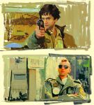  1boy 4yvle1 english_text green_jacket gun highres holding holding_gun holding_weapon indoors jacket male_focus military_jacket mohawk open_clothes open_jacket outdoors round_eyewear solo sunglasses taxi_driver travis_bickle weapon 