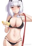  1girl absurdres bikini black_bikini blush breasts cleavage closed_mouth demon_girl demon_horns grey_hair highres horns indie_virtual_youtuber large_breasts long_hair looking_at_viewer lucy_pyre matt_estrela navel red_eyes solo sponge swimsuit virtual_youtuber water wet white_background 