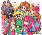  1boy 5girls ahoge beak belt black_skin blonde_hair brown_hair character_name colored_sclera colored_skin commentary droopy_ears english_commentary fins fish_girl flower green_hat green_tunic hair_flower hair_ornament hand_on_another's_head harem hat head_fins helmet_over_one_eye imp in-franchise_crossover link malon marin_(zelda) medli melfunnysmell midna midna_(imp) mipha monster_girl multicolored_skin multiple_girls nervous_sweating orange_hair own_hands_together parted_bangs pointy_ears rito sharp_teeth smile surrounded sweat sweatdrop teeth the_legend_of_zelda the_legend_of_zelda:_breath_of_the_wild the_legend_of_zelda:_link's_awakening the_legend_of_zelda:_ocarina_of_time the_legend_of_zelda:_the_wind_waker the_legend_of_zelda:_twilight_princess toon_link trait_connection tunic two-tone_skin yellow_sclera zora 