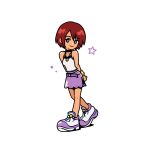  1girl arms_behind_back bare_shoulders black_choker breasts camisole choker closed_mouth commentary english_commentary full_body hayden_panettiere highres in_memoriam kairi_(kingdom_hearts) kingdom_hearts kingdom_hearts_i looking_at_viewer medium_breasts miniskirt purple_eyes purple_skirt red_hair robertbegg_art shirt shoes short_hair side_slit skirt sleeveless sleeveless_shirt smile solo standing white_background white_camisole white_shoes 