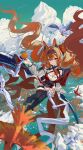  1girl absurdres angelina_(arknights) angelina_the_mellow_wish_(arknights) animal_ears arknights bare_shoulders bird black_collar black_thighhighs blurry blush breasts brown_hair cleavage cloud collar commentary_request depth_of_field dress earpiece floating_hair flying food fox_ears fox_girl from_above fruit full_body green_sky grin hair_between_eyes hair_intakes hairband hand_up highres infection_monitor_(arknights) jacket kulomi large_breasts long_hair long_sleeves looking_at_viewer medium_breasts off_shoulder official_alternate_costume open_clothes orange_(fruit) orange_eyes outdoors red_eyes red_hairband red_jacket shoes sitting sky smile solo striped_clothes striped_hairband teeth thigh_strap thighhighs twintails twitter_username very_long_hair white_bird 