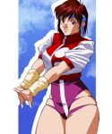  1980s_(style) 1girl afterimage arm_warmers blue_background border clothing_cutout commentary cropped_jacket english_commentary eyelashes highres hip_vent interlocked_fingers jacket leotard looking_at_viewer multicolored_jacket outside_border pink_leotard retro_artstyle smile solo takaya_noriko thick_thighs thighs top_wo_nerae! top_wo_nerae!_(series) two-tone_jacket white_border zeijak 