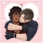  1boy 1girl apeo0r belt black_gloves black_hair blue_shirt braid breasts brown_eyes brown_hair cleavage closed_eyes commentary commission dark-skinned_female dark_skin english_commentary gloves hair_over_shoulder head_on_another's_shoulder heart highres hug hug_from_behind leon_s._kennedy looking_at_another oc_x_canon one_eye_closed original red_shirt resident_evil resident_evil_requiem shirt short_hair smile tight_clothes tight_shirt toned toned_male upper_body watch wristwatch 