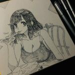  1girl arm_at_side armpit_crease artist_name blush breasts cake chair cleavage closed_mouth commentary_request crosshatching eating english_text eyelashes food fork hand_up hatching_(texture) highres holding holding_fork jun_(navigavi) large_breasts linear_hatching looking_at_viewer medium_hair monochrome nib_pen_(medium) nose on_chair original paper_background pen_(medium) photo_(medium) plate shirt shirt_straps sitting sketch solo spaghetti_strap table traditional_media upper_body utensil_in_mouth 