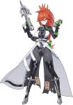  1girl absurdres adriana_rivera black_survival bodysuit breasts commentary_request dalgam12 english_text eternal_return:_black_survival explosive grenade grey_bodysuit gun hair_between_eyes highres holding holding_grenade holding_gun holding_weapon korean_commentary looking_at_viewer orange_hair ponytail simple_background solo thighs weapon white_background yellow_eyes 