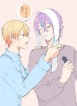  2boys aqua_streaks blonde_hair blue_shirt commentary from_side grey_shirt hair_between_eyes holding holding_screwdriver kamishiro_rui long_sleeves looking_at_another multicolored_hair multiple_boys one_eye_closed open_mouth orange_eyes parted_lips profile project_sekai purple_hair screwdriver shirt short_hair sina0470 speech_bubble streaked_hair tenma_tsukasa towel towel_on_head translation_request untranslatable_commentary upper_body v-shaped_eyebrows wet wet_hair yellow_eyes 