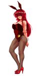  alternate_costume animal_ears arms_behind_back blue_eyes braid breasts bunny_ears bunnysuit from_side full_body hairband high_heels highres hong_meiling koyubi_(littlefinger1988) large_breasts long_hair looking_at_viewer off_shoulder pantyhose pouty_lips red_hair simple_background solo touhou twin_braids 