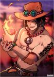  arm_tattoo back_tattoo bead_necklace beads belt black_eyes black_hair devil_fruit_power elbow_pads fire freckles goggles goggles_on_headwear hat highres jewelry log_pose maewenmitzuki necklace one_piece orange_belt orange_hat pearl_necklace portgas_d._ace single_elbow_pad tattoo topless_male 