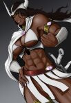  1girl abs arm_guards armlet black_hair bleach bleach:_sennen_kessen-hen breasts cape cleavage clenched_hand commentary_request cowboy_shot dark-skinned_female dark_skin dutch_angle franceska_mila_rose green_eyes grey_background hand_on_own_hip hand_up highres hole_in_stomach jewelry keke_(akuringo731) large_breasts lips long_hair looking_at_viewer miniskirt muscular muscular_female nose parted_lips simple_background skirt smile solo sword veins warrior weapon white_cape white_skirt 
