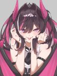  1girl absurdres azki_(hololive) azki_(little_devil)_(hololive) black_necktie blush commentary_request demon_girl demon_horns demon_wings grey_background heterochromia highres hololive horns long_hair looking_at_viewer multicolored_hair necktie official_alternate_costume official_alternate_hairstyle pink_hair pink_horns purple_eyes remynoue shirt simple_background sleeveless sleeveless_shirt smile solo streaked_hair tongue tongue_out twintails virtual_youtuber white_shirt wings 