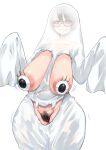 1girl breast_cutouts breastless_ghost_costume breasts breasts_out brown_eyes brown_hair clothing_cutout commentary_request cowboy_shot crotch_cutout female_pubic_hair ghost_costume glasses googly_eye_pasties googly_eyes large_breasts original pubic_hair red-framed_eyewear sagging_breasts see-through_clothes sleeves_past_wrists solo turururukintama wide_hips 